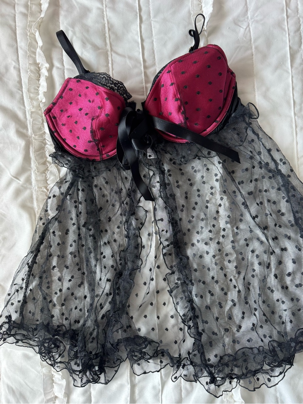 Victoria's Secret Pink Black Sheer Polka Dot Babydoll fly-away Chemise lingerie